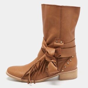 See By Chloe Studded Crosta Leather Boots Moto Combat Biker Western Fringe Boho